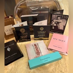 10 PC FRAGRANCE SAMPLER SET WITH GOLD MAKEUP BAG